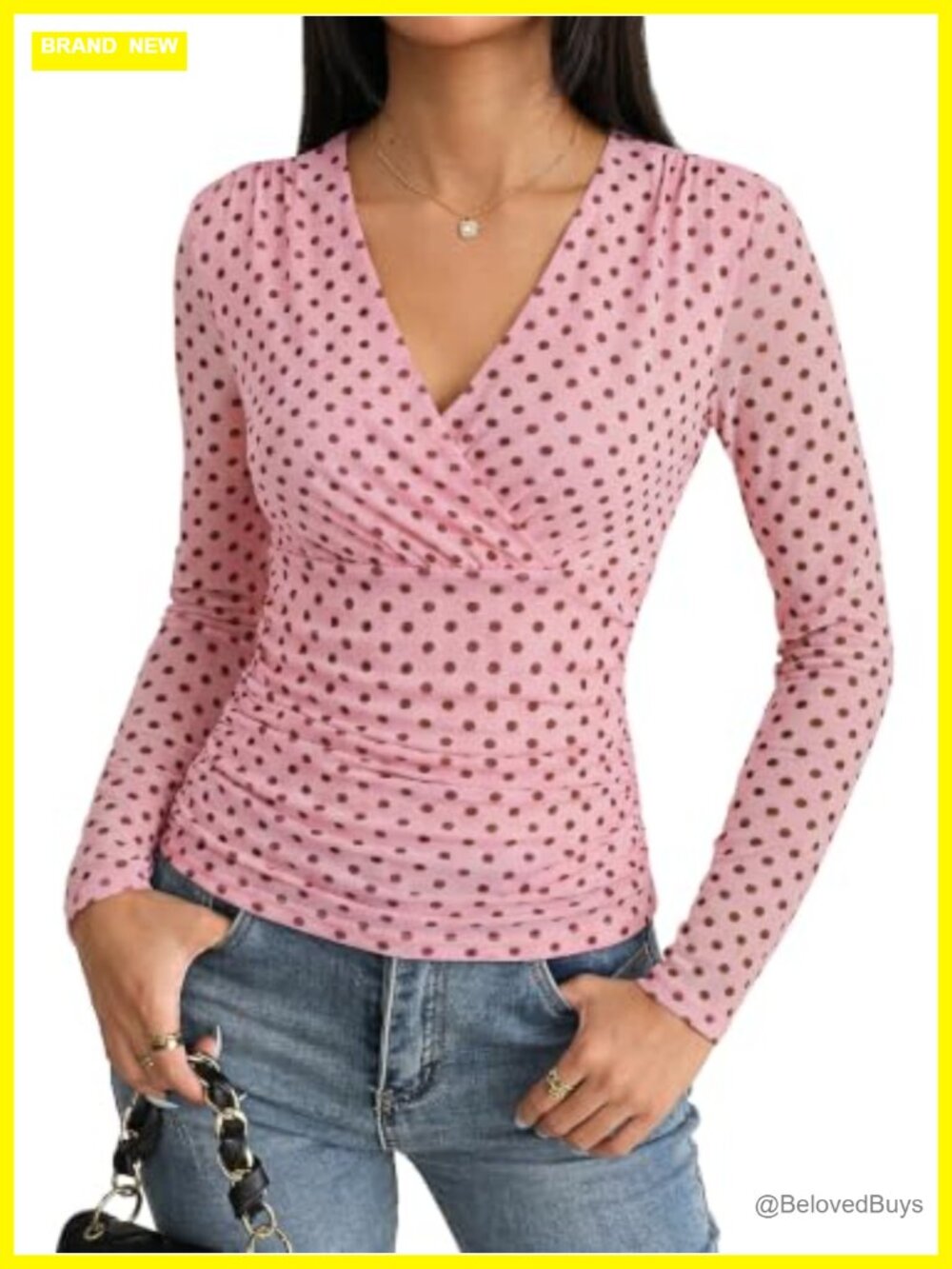 Womens Boho Mesh Long Sleeve Blouse Wrap V-Neck Ruched Dressy Casual Top